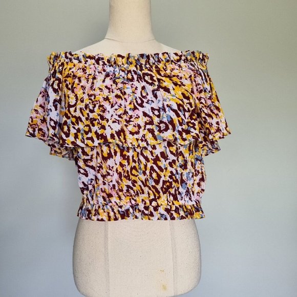 Tigerlily Talor Multicolour Leopard Print Off The Shoulder Peasant Top Size L XL - Picture 2 of 9